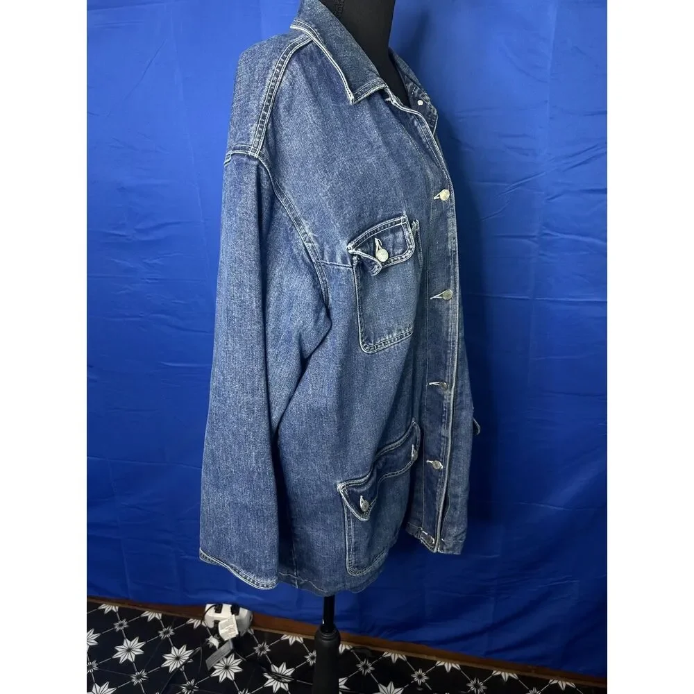 Vtg‎ Jones New York Womens Denim Chore Jacket 2X Classic Barn Plaid Cotton Dark